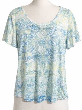 energie Short Sleeve Scoop Neck Top in Light Blue Paisley size XL